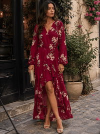 WOMEN'S LONG SLEEVE SURPLICE ELASTIC WAIST HIGH-LOW FLORAL MAXI DRESS