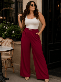 PLUS SIZE ZIPPER CLOSURE FRONT POCKETS WIDE LEG SOLID PANTS