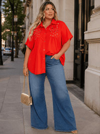 PLUS SIZE SHORT SLEEVE BUTTON UP FRONT POCKETS HIGH-LOW STUDS BLOUSE