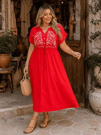 PLUS SIZE SHORT SLEEVE BUTTON UP SELF TIE ELASTIC WAIST EMBROIDERY MAXI DRESS