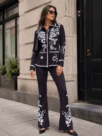 WOMEN'S LONG SLEEVE BUTTON UP TOP & ELASTIC WAIST BELL LEG PANTS MULTI PRINT 2PC. SET