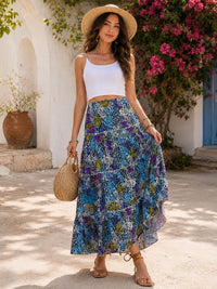 WOMEN'S ELASTIC WAIST TIERED FLORAL MULTI MAXI SKIRT