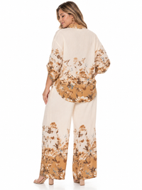 PLUS SIZE 3/4 SLEEVE BUTTON UP BLOUSE & ELASTIC WAIST WIDE LEG PANTS FLORAL 2PC. SET