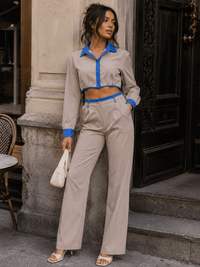 WOMEN'S LONG SLEEVE CROP TOP & BUTTON CLOSURE PANTS STRIPES CONTRAST 2PC. SET
