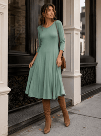 WOMEN'S 3/4 SLEEVE FIT & FLARE SOLID MIDI DRESS