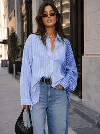 WOMEN'S LONG SLEEVE BUTTON UP FRONT POCKET HIGH-LOW STRIPES SHIRT