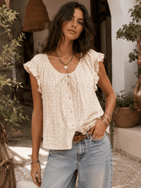 WOMEN'S SHORT SLEEVE V-NECK BUTTON UP CROCHET FLORAL BLOUSE