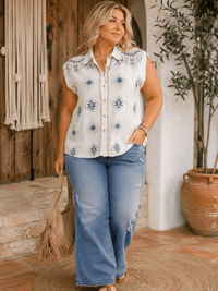 PLUS SIZE SHORT SLEEVE V-NECK BUTTON UP EMBROIDERY LINEN BLOUSE