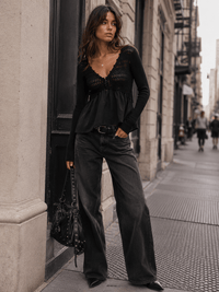 WOMEN'S LONG SLEEVE V-NECK PEPLUM CROCHET CONTRAST TOP
