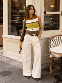 WOMEN'S SLEEVELESS BUTTON UP STRIPES COLORBLOCK SWEATER TOP
