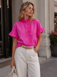 WOMEN'S SHORT SLEEVE BUTTON UP RUFFLE BLOUSE