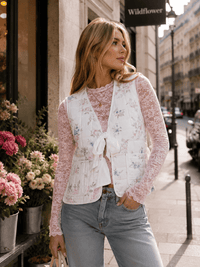WOMEN'S SLEEVELESS FRONT TIE POCKETS FLORAL PADDED VEST