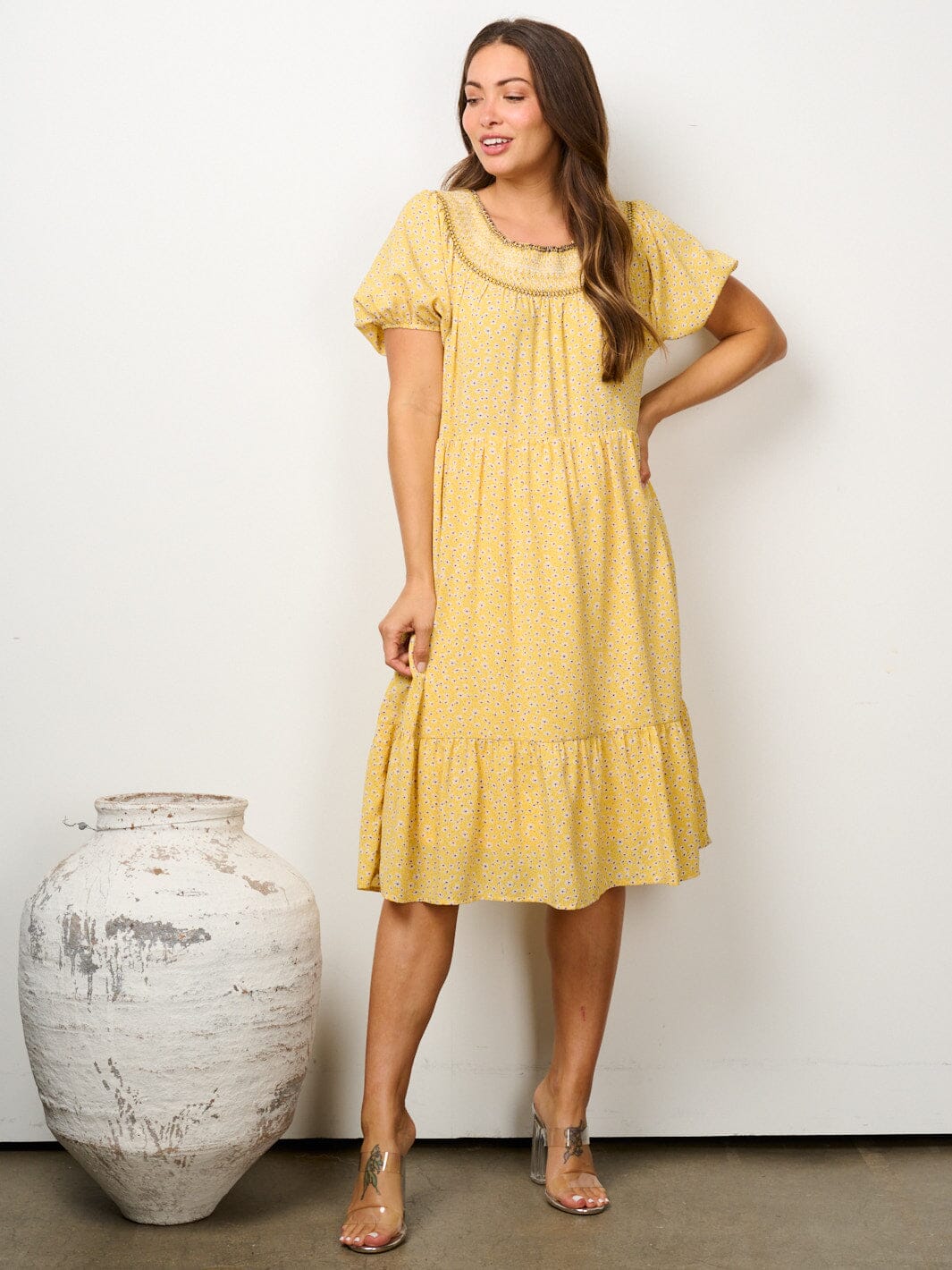 WOMEN'S SHORT PUFF SLEEVE TIERED SMOCK NECK FLORAL MIDI DRESS   Wholesalefashiontrends.com