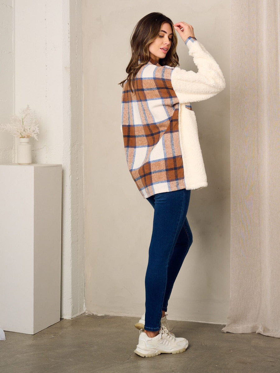 WOMEN'S LONG SLEEVE PLAID SHERPA BUTTON UP JACKET
