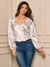 WOMEN'S LONG PUFF SLEEVE V-NECK SURPLICE FLORAL TOP