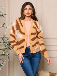 WOMEN'S LONG SLEEVE BUTTON CLOSURE PRINTED SWEATER