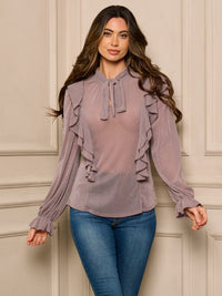 WOMEN'S LONG SLEEVE RUFFLE SHIMMER BLOUSE TOP