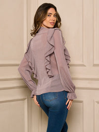 WOMEN'S LONG SLEEVE RUFFLE SHIMMER BLOUSE TOP