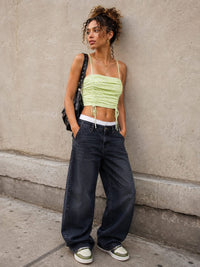WOMEN'S SLEEVELESS RUCHING FRONT PRINT CROP TOP