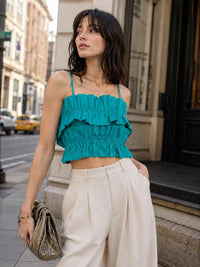 WOMEN'S SLEEVELESS TIERED RUFFLE ELASTIC WAIST CROP TANK TOP