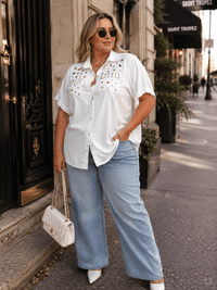 PLUS SIZE SHORT SLEEVE BUTTON UP FRONT POCKETS HIGH-LOW STUDS BLOUSE