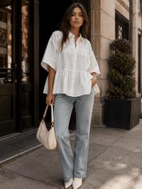 WOMEN'S SHORT SLEEVE BUTTON UP TIERED TUNIC TOP