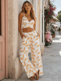 WOMEN'S SLEEVELESS V-NECK SMOCK CROP TOP & ELASTIC WAIST POCKETS STRAIGHT LEG PANTS LEAF CROCHET 2PC. SET