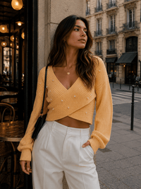 WOMEN'S LONG SLEEVE V-NECK SURPLICE PEARL RIBBED CROP TOP