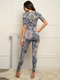 WOMEN'S SELF TIE SURPLICE MULTI PRINT JUMPSUIT