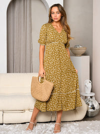 WOMEN'S SHORT PUFF SLEEVE FLORAL V-NECK MAXI DRESS