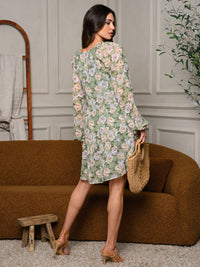 WOMEN'S LONG SLEEVE V-NECK RUCHING FRONT FLORAL MINI DRESS