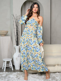 WOMEN'S COLD SHOULDER HALTER NECK FLORAL MAXI DRESS