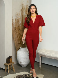 WOMEN'S SHORT RUFFLE SLEEVE V-NECK JUMPSUIT