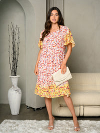 WOMEN'S DITSY FLORAL PRINT WOVEN OPEN SLEEVE MIDI DRESS