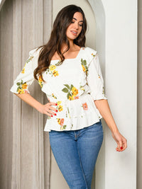 WOMEN'S 3/4 SLEEVE RUFFLE PEPLUM FLORAL TOP