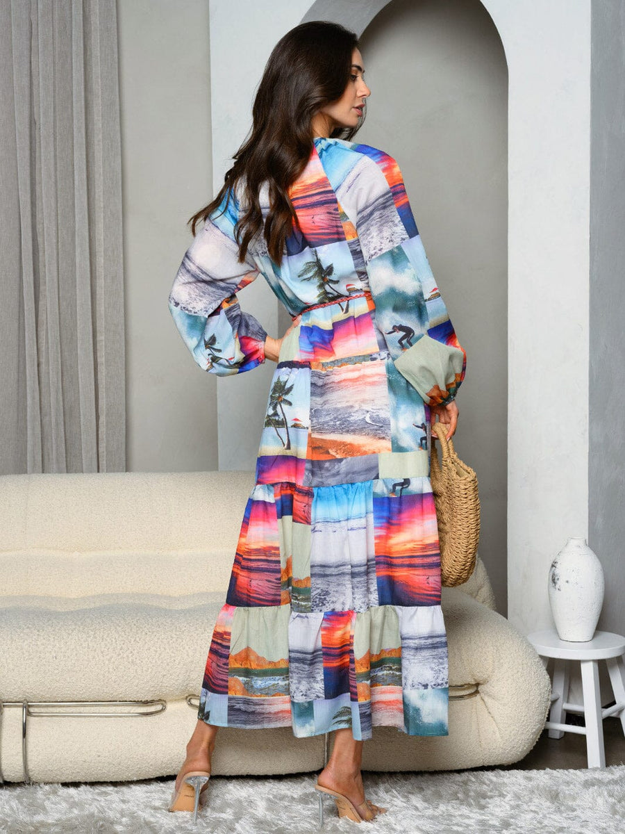 Long sleeve contrast self tie maxi dress
