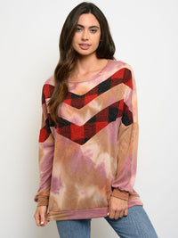 WOMEN'S PLAID TIE DYE PRINT LONG SLEEVE TOP