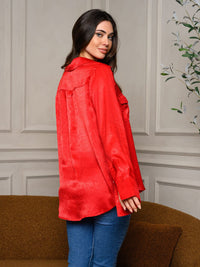 WOMEN'S LONG SLEEVE V-NECK FRONT POCKETS SATIN TOP