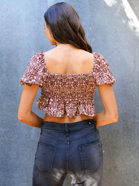 WOMEN'S FLORAL PRINT FRONT TIE RUFFLE HEM CROP TOP