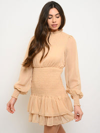 WOMEN'S LONG SLEEVE SMOCKED RUFFLE MINI DRESS