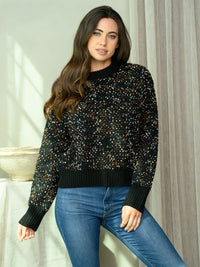 WOMEN'S LONG SLEEVE MULTI COLOR PRINT SWEATER
