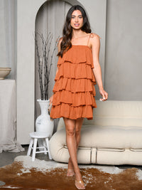 WOMEN'S SLEEVELESS SPAGUETTI STARPS TIERED RUFFLE MINI DRESS
