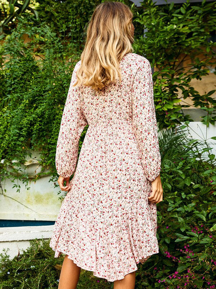 Long Sleeves V Neck Print Midi Dresses