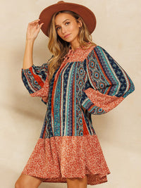 WOMEN'S LONG PUFF SLEEVE MULTI PRINT TUNIC MINI DRESS