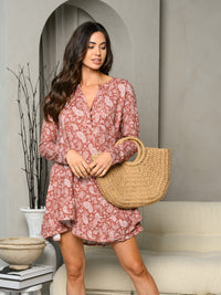 WOMEN'S LONG SLEEVE V-NECK TUNIC PAISLEY PRINT MINI DRESS