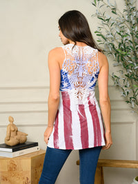 WOMEN'S SLEEVELESS TUNIC AMERICAN FLAG PRINT CROCHET BACK TOP