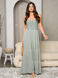 WOMEN'S SLEEVELESS CROCHET NECK TRIMMED TIERED MAXI DRESS