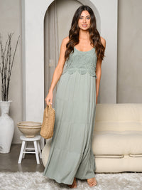 WOMEN'S SLEEVELESS CROCHET NECK TRIMMED TIERED MAXI DRESS