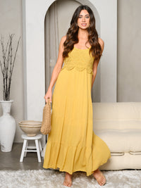 WOMEN'S SLEEVELESS CROCHET NECK TRIMMED TIERED MAXI DRESS