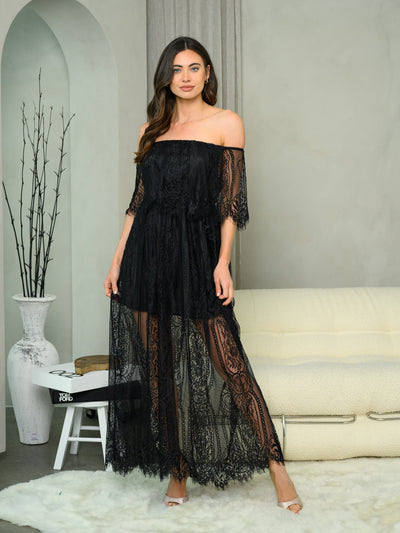 WOMEN'S OFF SHOULDER ALL OVER LACE MAXI DRESS